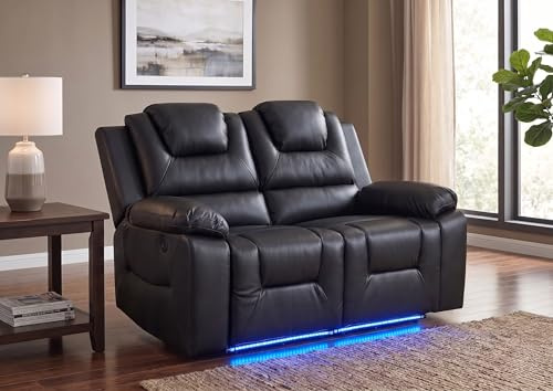 Oxford Leather Electric Recliner Sofa with Cupholders – LED Lights – 3+2 Seater – Leather Sofa – USB Charging Ports (Black)