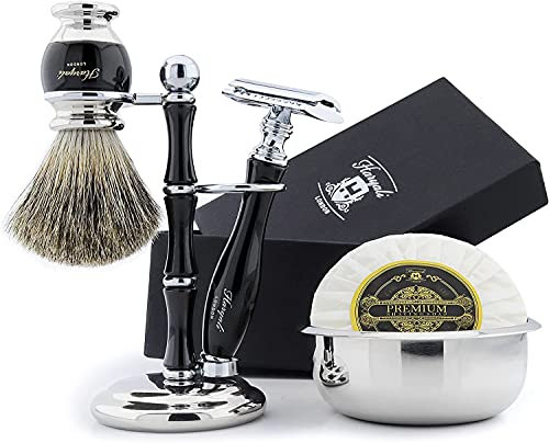 Haryali London 5 Pcs Wet Shave Kit – Complete Shaving Set with Double Edge Safety Razor, Shaving Soap, Shaving Brush, Bowl & Stand – Traditional Shaving Set for Men