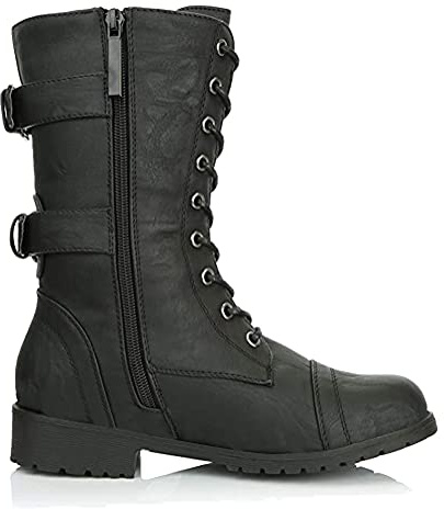 Botines Mujer Militares Planos Botas de Combate Botita Botines Acolchado Tarjeta de Crédito Bolsillo Boots Zapatos para Otoño Invierno Negro 38 EU