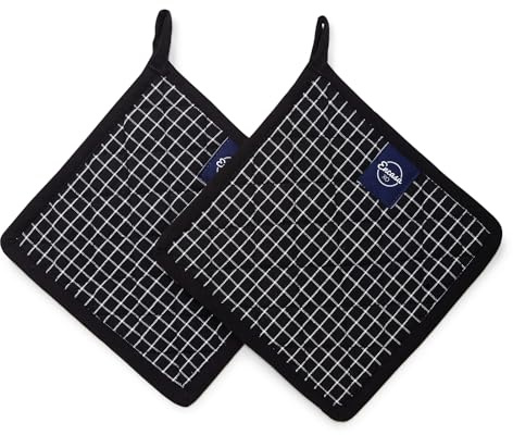 Encasa XO Pot Holders, Heat Resistant Kitchen Pads 21 cm Black | Quilted Cotton | Heat Resistant Trivets | Hot Pads & Pan Holders | Hanging Loop | Set of 2