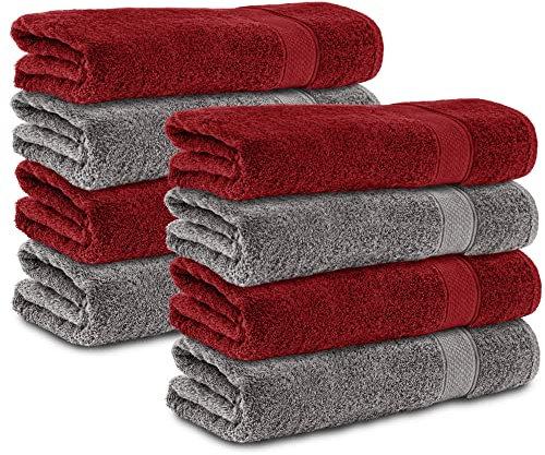 Komfortec 8er Handtücher 50x100 cm Set aus 100% Baumwolle, Frottee, Weich, Anthrazit Grau/Aurorarot