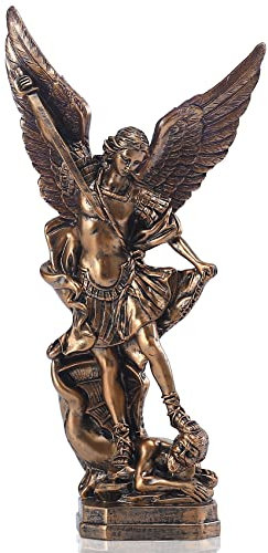 QIANLING 31,8 cm San Miguel Erzengel Statue, St. Michael Statue aus bronzeiertem Harz, St. Michael der Erzengel siegreich über der Satan-Kollektion, geeignet für Sammlung oder Dekoration