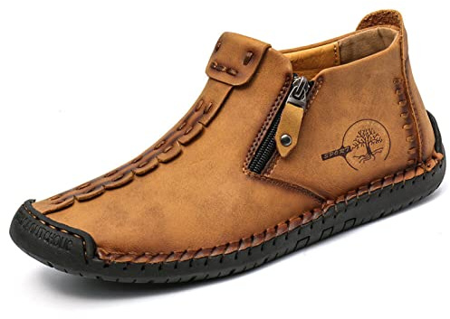 2023 Botas Altas Italianas Hechas A Mano, Zapatillas Cuero Con Cremallera Cómoda Y Antideslizante Para Hombres Zapatillas Casuales Transpirables Botas Altas Chukka Talla Zapato Gran Tamaño,Marrón,43