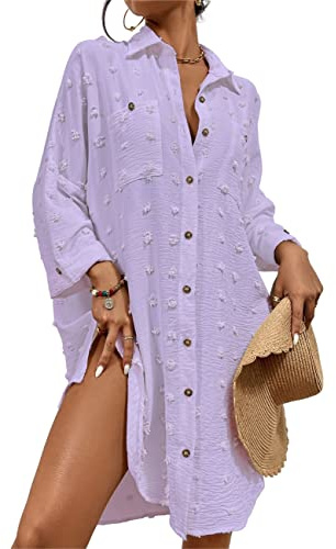 Bsubseach Strandklänning för dam med knappar och volangärmar, strandskjorta, blus, sommar, chic, eleganta badkläder, One size
