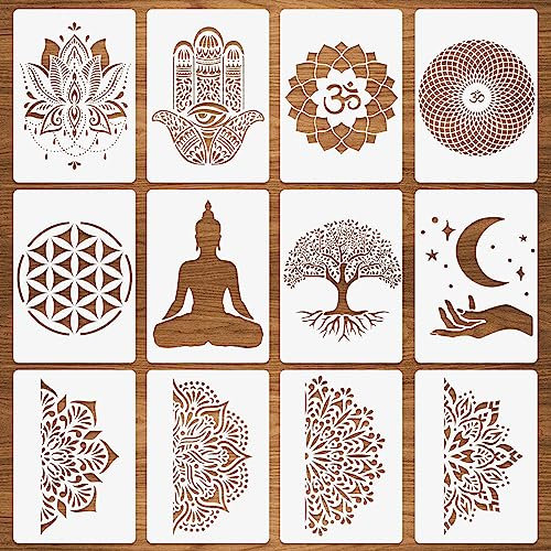 12 Stück Heilige Geometrie Schablonen - Hamsa Hand Torus Om Heiliger Lotus Mond Mandala Zen Blume des Lebens Yoga Spirituelle Meditation Schablonen für Malerei auf Holz Stoff 21x29.7cm