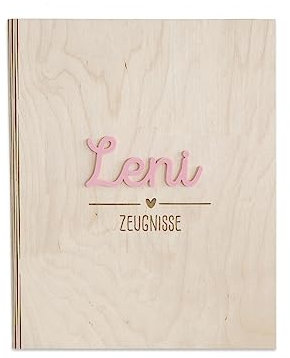 Personalisierte Zeugnismappe aus Birkenholz mit Acryl Namen - Individuelles Geschenk zur Einschulung - DIN A4 - Zeugnisringbuch Mädchen & Jungen - hellomini (Herz rosa)