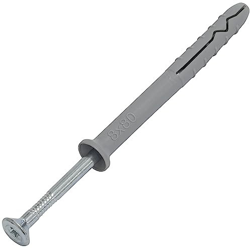 AERZETIX - C67162 - Lot de 50 Chevilles à Clou Ø8x80mm à collerette biseautée en polyéthylène + 50 Clou-vis Ø4.9x85 mm à tête fraisée PZ2 en Acier - à Frapper - ossature métallique béton Brique