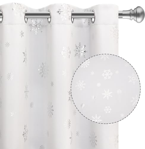FRAMICS Snowflake Foil Print Christmas Curtains, Thermal Insulated Blackout Curtains for Living Room and Bedroom, Christmas Grommet Window Curtains Drapes, 52 x 84, White, Set of 2 Panels