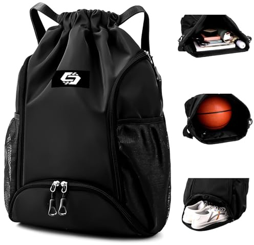 Keyck Turnbeutel Sportbeutel mit Kordelzug, Rucksack Sport mit Ballfach & Schuhfach und Wasserdichter Tasche, Große Sporttasche Schwimmbeutel Sportrucksack Gymsack für Herren Damen Jugend, Schwarz