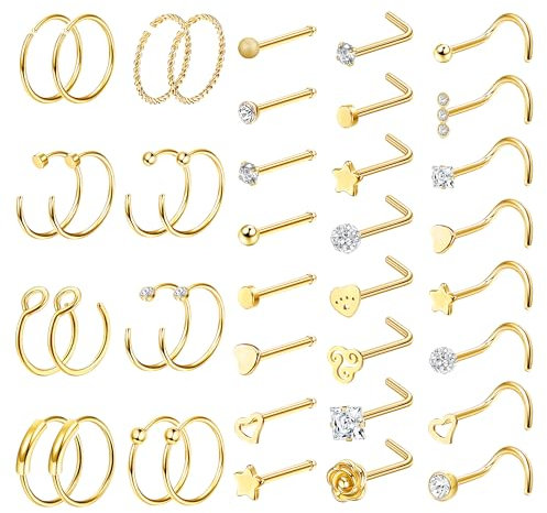 LOLIAS 23/40 Stück Nasenpiercing Nasenring 20G Silber Nasenpiercing Chirurgenstahl Set L förmige Gold Nasenstecker Nostril Piercing Ring mit CZ Nasenpiercing Schmuck für Damen Herren