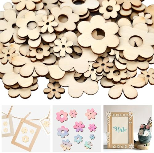 FTISSLY 150 Stück Holzblumen Scheiben Streuteile holz Blumen 4/3/2CM Streudeko holz Blumen Naturholzscheiben Blume zum Basteln Tischdeko Verschönerungen Holzscheiben Deko für DIY Handwerk Weihnacht