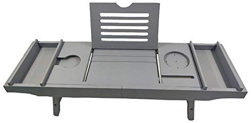 Mensola per vasca da bagno, vassoio da bagno in bambù grigio, vassoio da bagno, con lati estensibili | Vassoio per vasca da bagno con portabicchiere da vino integrato/Bianco/75 cm * 23 cm