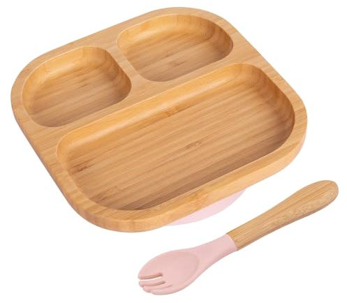 Tiny Dining Baby-Teller und Gabel-Set – Pastellrosa – 2-teilig – segmentiert – geteilt, rutschfester, selbsternährender Entwöhnungsteller und Gabel aus Bambus für Babys