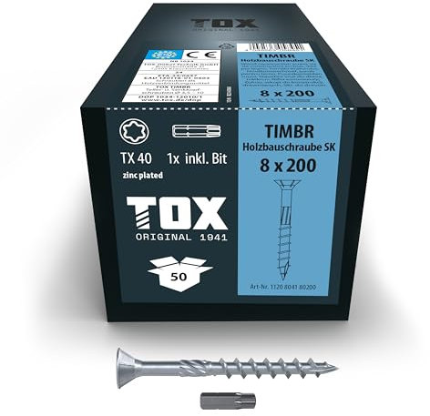 TOX tornillos para construcción de madera TIMBR SK 8,0 x 200 mm, azul galvanizado con cabeza avellanada, TX40, 50 piezas por caja, incl. 1x broca, 1120404180200