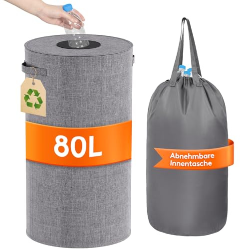 Lifewit Collecteur de Bouteilles Rond avec Couvercle, Poubelle Cuisine Tri Selectif avec Trou, Poubelle Recyclage pour Verre, Récipient de Collecte, 80 L, Gris