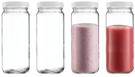 Confezione da 4 bottiglie di vetro riutilizzabili da 473,6 ml, con tappi, per succhi, bubble tea, frullati, tè (bianco)