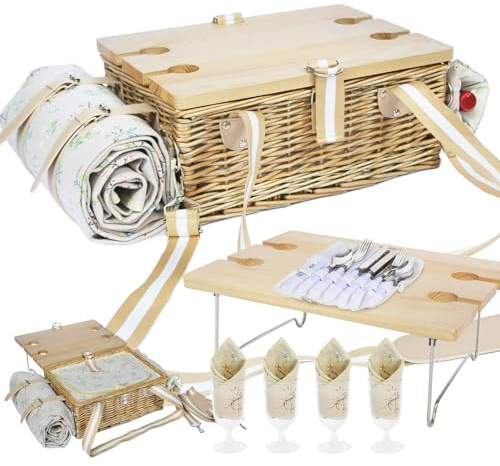 HYBDAMAI Set de cesta de picnic con mesa plegable y juego de cubiertos, cesta de picnic para 4 personas con bolsas de enfriamiento, cesta de mimbre con asa, cesta de mimbre set de regalo para picnic
