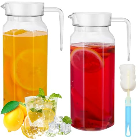 2 Pack 1.1L Acrylic Pitcher with Lid - Clear Water Pitchers with Handle Water Jug Beverage Pitcher Juice Container Non Spill Fridge Jug for Hot/Cold Drink Ice Tea Coffee Milk Lemonade