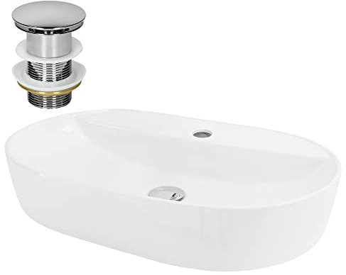 LuxeBath Waschbecken Keramik 600x400x120 mm oval Weiß mit Ablaufgarnitur Silber, Aufsatzwaschbecken für Badezimmer/Gäste-WC, Modernes Aufsatzbecken, Waschtisch Waschschale Waschplatz Handwaschbecken