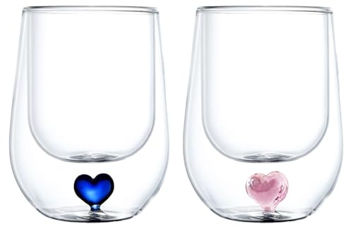 Tazza di Vetro in Vetro a Doppia Parete, 2 Pezzi Coppia Trasparente con Cuore per Portata da Tè a Cappuccino per Caffè Espresso (2pcs)