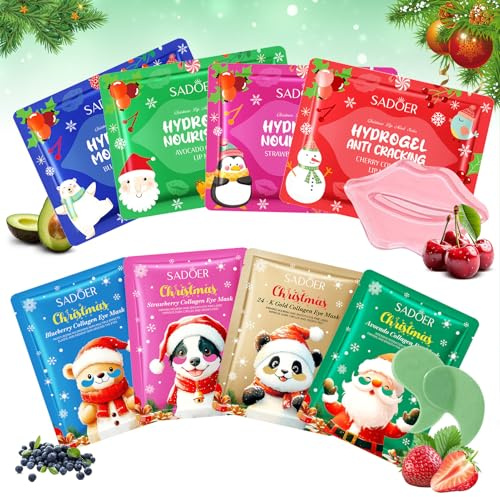 Set di Maschere Natalizie per Occhi e Labbra, 4 Patch Occhiaie e Borse Collagene + 4 Maschera Labbra Idratante, Patch Occhi Riutilizzabile Antirughe e Anti-età, Adatte per Labbra Secche e Screpolate