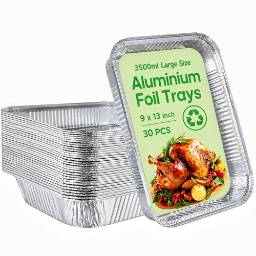 30 Pack Large Aluminium Foil Trays (32x21x5 cm) - Bulk Heavy Duty Roasting Pans & Deep Baking Tins - Disposable Rectangular Containers for Catering, BBQ, Meal Prep & Freezer, 9x13inch (3500ml)