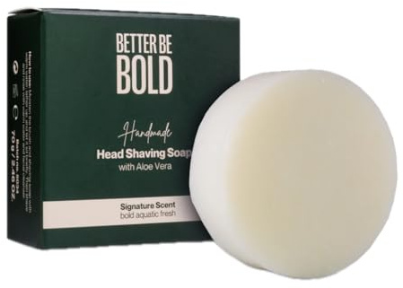 BETTER BE BOLD Handgefertigte Glatzen Rasierseife mit Aloe Vera 70g I Sanfte Rasur‑Seife für Kopfhaut & Glatze – Vegan & alkoholfrei I Handgemacht in Deutschland I Ergiebige Pflege für deine Kopfhaut