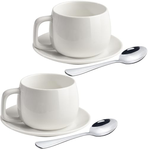 ionEgg Tazza da caffè in porcellana con piattini e cucchiai, 270 ml, per latte, cappuccino e tè, bianco, set da 2