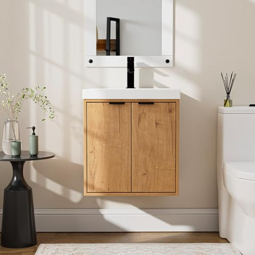 UEV Badrumsmöbel med 2 dörrar och konsthartsvask, hängande badrumsskåp med unikt design och komfort, möbelset med naturligt trämönster, 49 x 37,5 x 50 cm, naturligt