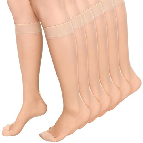 JJUNW 6 Pairs Knee High Stockings for Women, 15 Denier Sheer Nylon Socks Knee Highs Trouser Socks