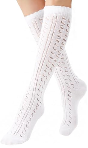 EconioSocken Chaussettes Trachten Femme Oktoberfest Dirndl, Blanches en 80% de coton, Motif Ondulé ou Losanges, Chaussettes Traditionnelles Mi-hautes pour Wiesn et Volksfest EU 35-38