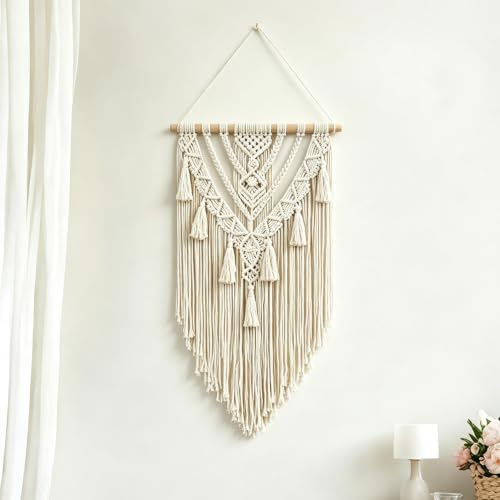 Makramé väggbonad av bomull, 70 cm (B) x 40 cm (L) handgjord makramé gobeläng, boho-dekoration, vävd gobeläng med tofsar, väggdekoration, lägenhet sovrum, balkong, dekoration