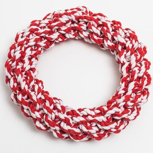 Braided Cotton Rope Ring Dog Toy, Red and White, 20cm, Durable Chew and Tug Toy