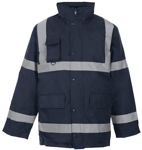 MyShoeStore Hi Vis Viz Parka Jacket High Visibility Workwear Safety Security Concealed Hood Fluorescent Flashing Hooded Padded ¾ Length Waterproof Work Coat Top (Navy, L)