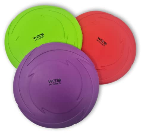 WEPO Frisbee per cani – Ø 15 cm – Set di 3 giocattoli per cani di piccola taglia – giocattolo acquatico – Dog Frisbee – giocattolo da lancio in rosso/viola/verde in gomma – per terra e acqua