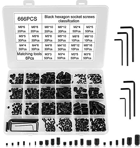 Hakkin 666PCS Cup-Point Screws Assortment Kit, 22 Sizes M2/3/4/5/6/8 Set Screw Set, 12.9 Class Carbon Steel Internal Hex Drive Screws Grub Screw Bolts Assortment Kit with 6pcs Hex Wrenche (Black)