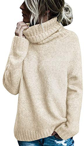 FISACE Womens Oversized Turtleneck Pullover Sweater Cable Knit Long Sleeve Sweater Tops A-Beige