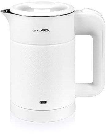 WTJMOV 0.6L Small Electric Tea Kettle Lightweight, 20 Ounce Double Wall Hot Water Boiler Stainless Steel Auto Shut-off, 120V Portable Travel Electric Kettle Fast Boil for Tea and Coffee,White