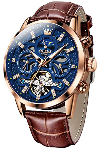 OLEVS Montre squelette automatique de luxe mécanique pour homme - En cuir marron - Style décontracté - Phase de lune - Lumineuse et étanche, Or et bleu., Luxe :