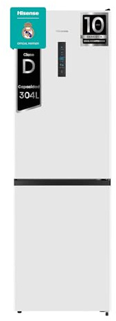 Hisense RB390N4DWD - Frigorífico Combi, Eficiente Clase D, Capacidad 304 L con 186 cm Alto, Cajón Verduras, 4 Estrellas Congelador, Puerta Reversible, Silencioso 39dB, Color Blanco