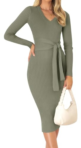 ZESICA Robe Pull d'automne 2023 à Manches Longues et col en V côtelé noué à la Taille pour Femme, Robe midi Moulante, Vert Kaki, Taille S