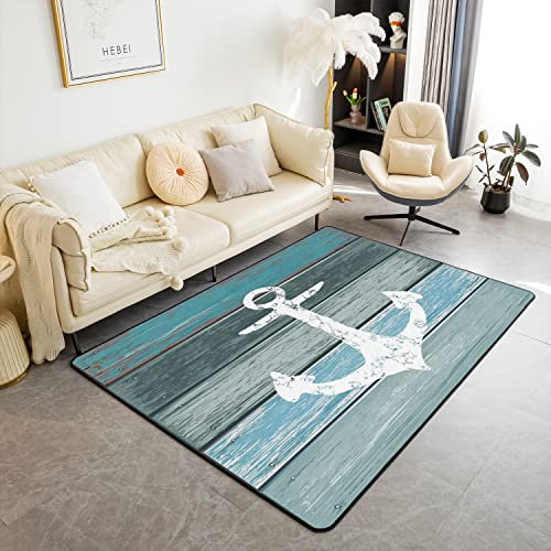 Loussiesd Anker Dekor Teppich 100x150cm Nautische Thematische Teppiche Matte für Wohnzimmer Schlafzimmer Meer Abenteuer Holzplanken Dekor Teppich rutschfeste Bereich Runner Teppich