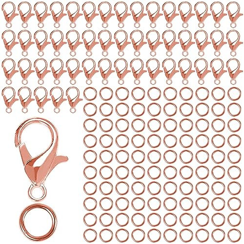 LABUYI Pack of 50 Rose Gold Lobster Clasps, 100 Jump Rings, Jewellery Making, 150 Pieces