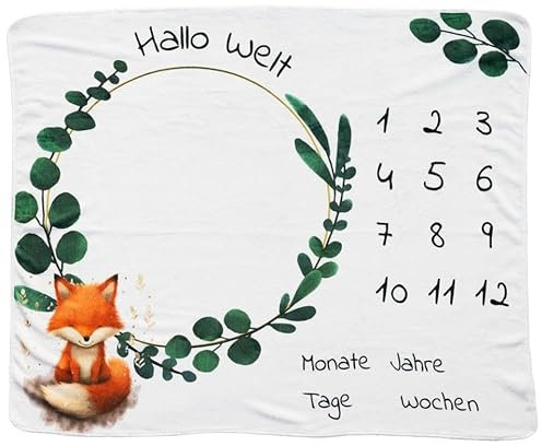 kreativherz - Premium Baby Meilenstein Decke Tier-Motiv „Fuchs“ 120x100cm extra Weich nach OekoTex geprüft - Meilensteindecke Geburtsdecke für Baby & Kinder - Babydecke mit Tage, Woche, Monate & Jahre