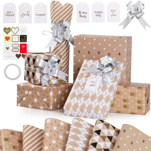 GeeRic Papel de Regalo 6 Papel de Envolver Kraft 70 * 50+1 * cinta de doble cara+6* etiqueta+10 * lazos de regalo Papel Para Cumpleaños, Fiestas