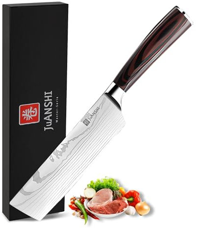 JUANSHI® Coltello professionale Nakiri da 18 cm, lama asiatica, in acciaio inox di alta qualità, con manico in legno di Pakka, confezione regalo