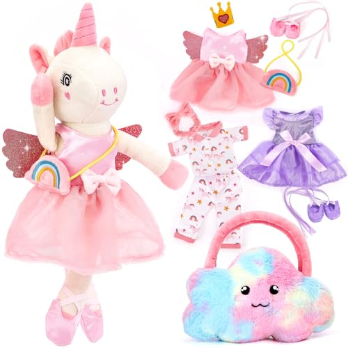 hahaland Unicorns Toys for Girls Age 3+, Ballerina Doll Plush Toys with 3 Outfits & Cloud Bag – Unicorn Stuffed Animal Soft Toys for Girls 3 4 5 6 Year Old, Ballet Dress Up Doll Gifts for Girl