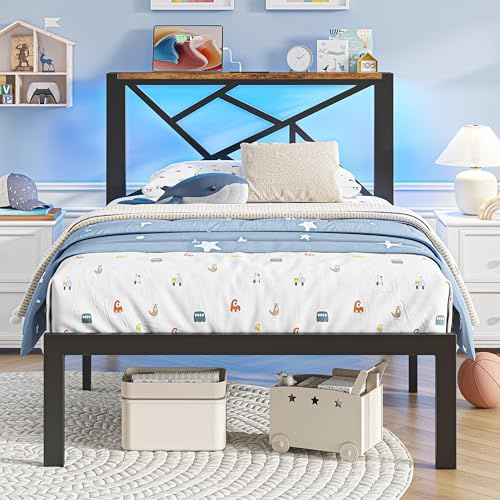 ChicZhiNest Twin Size Black Metal Bed Frame with USB Charging Station, LED Ambient Lighting, and Wooden Storage Headboard - Includes Under-Bed Storage, No Box Spring Needed, Noise Free, Easy Assembly