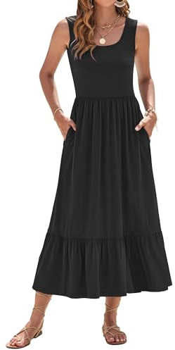 WNEEDU Summer Dresses Women UK Sleeveless Maxi Dresses Women U Neck Ladies Long Beach Dress Empire Waist Sundresses with Pockets Black L