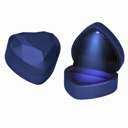 LED Ring Box Heart Shaped Velvet Jewelry Box for Engagement Proposal, Wedding Ring Storage, Creative Gift with Light, Diamond Display Organiser (Blue)
